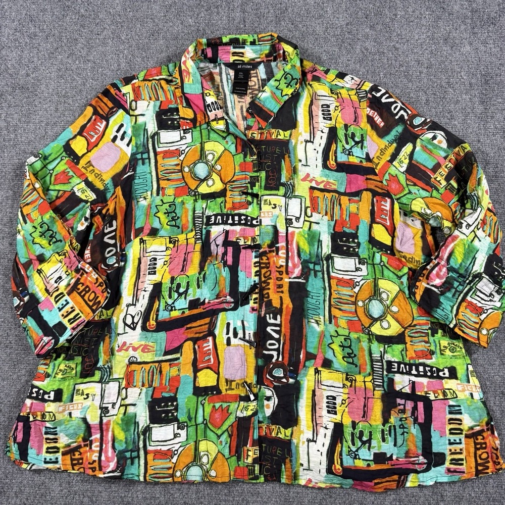 Ali Miles Top Petite XL Colorful Pop Art To Wear Button Front Rayon Blend